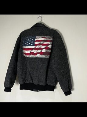 American Flag Wool Leather Bomber Jacket Gray Independence Patriot EUC Men Sz S